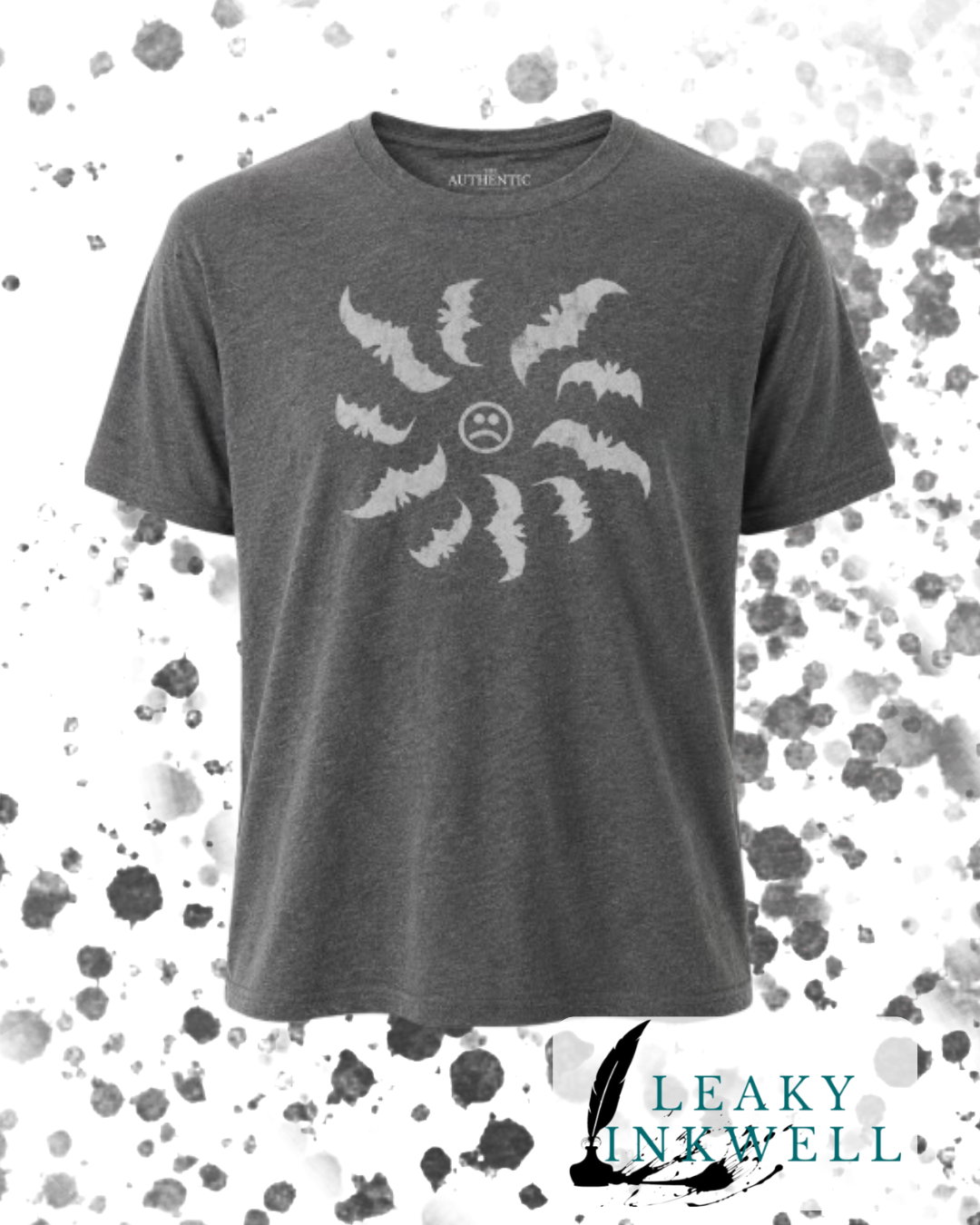 Hand Printed T-shirt- Charcoal Frowny Face With Bats