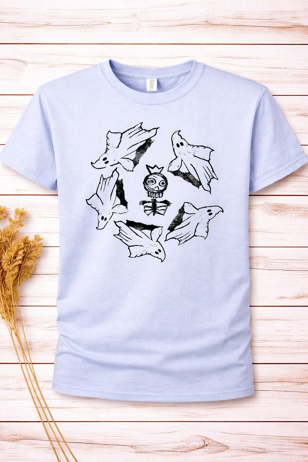 Hand Printed T-Shirt - Blue Skeleton king With ghosts