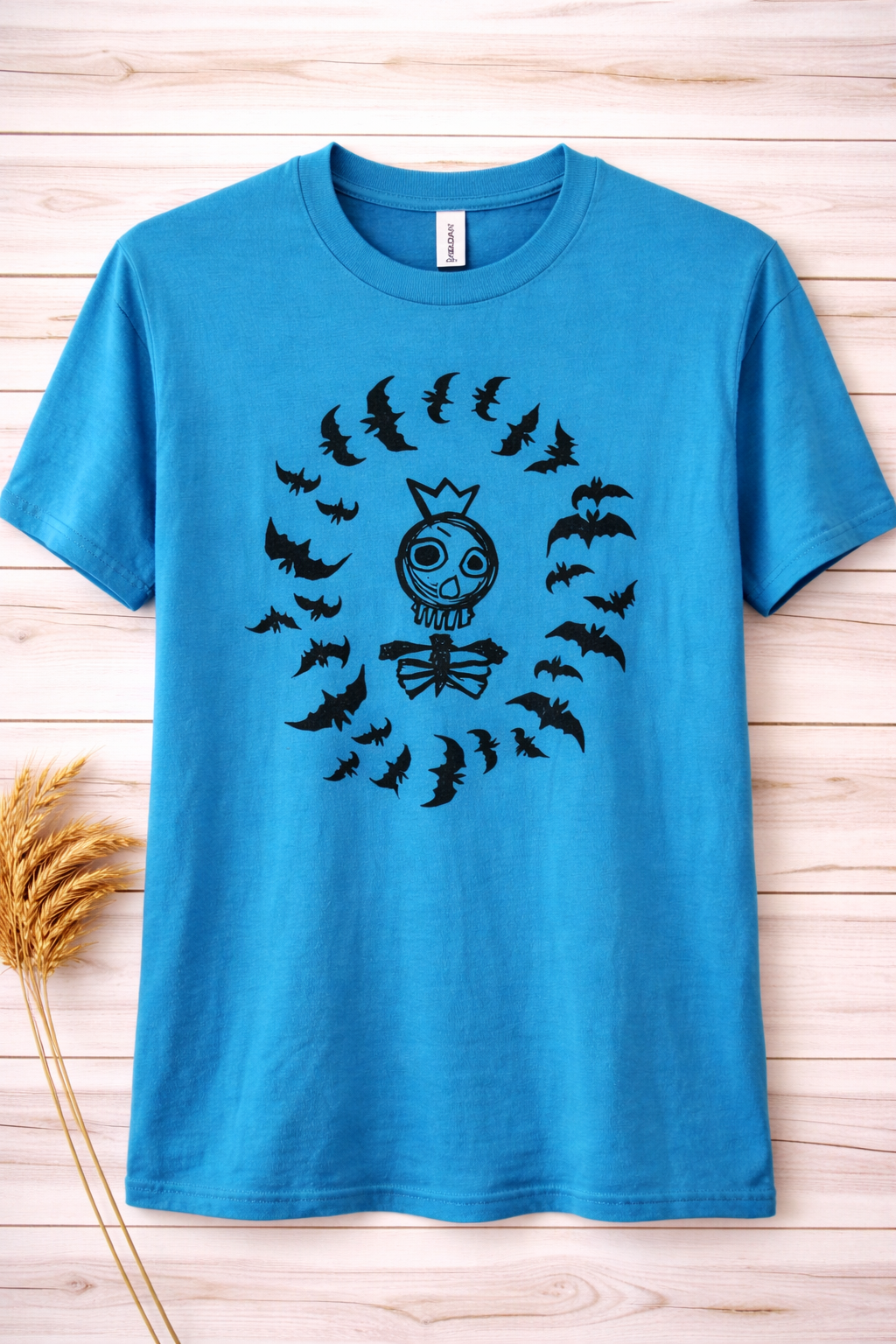 Hand Printed T-Shirt -Blue Skeleton King With Bats