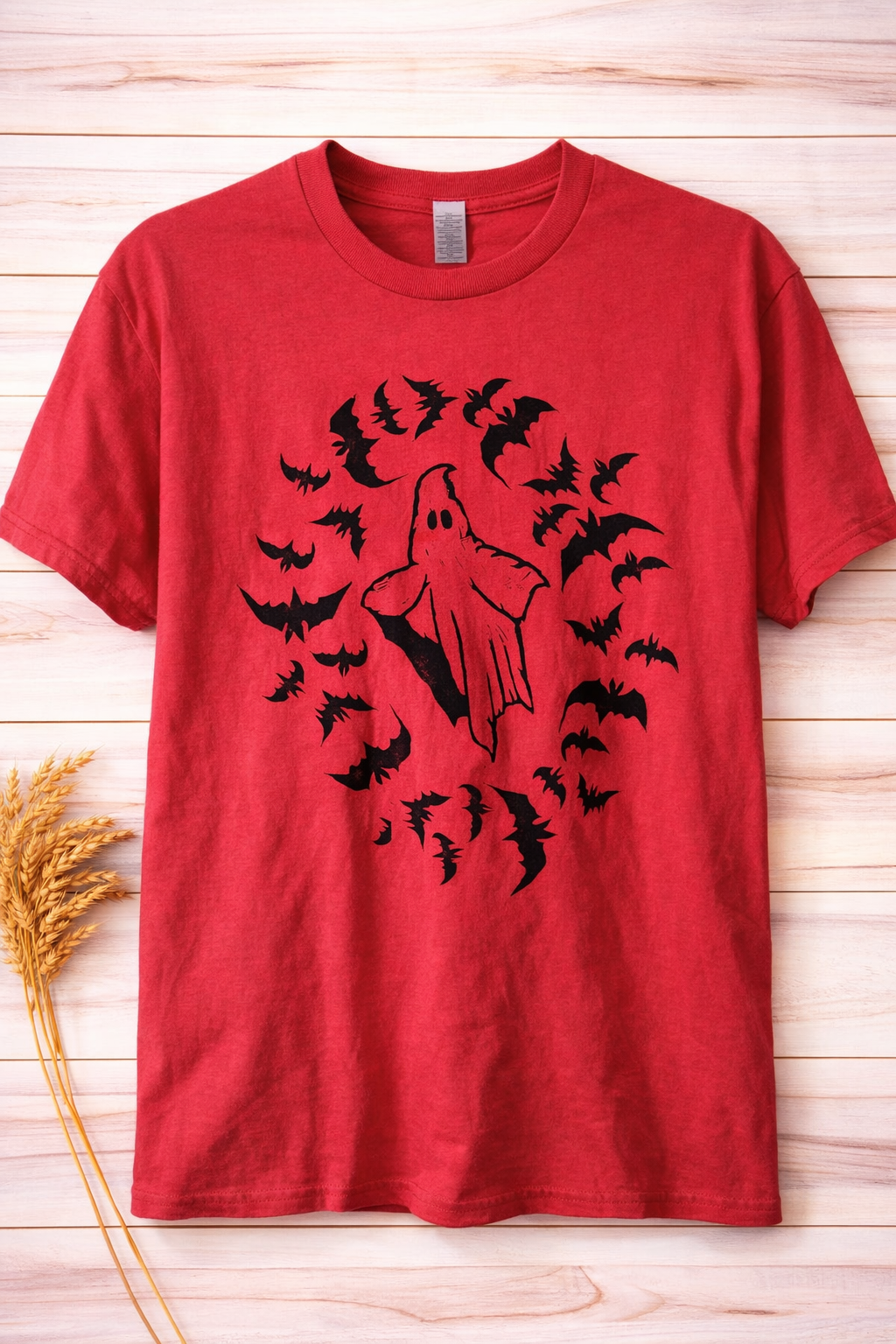 Hand Printed T-Shirt -Red Ghost with Bats