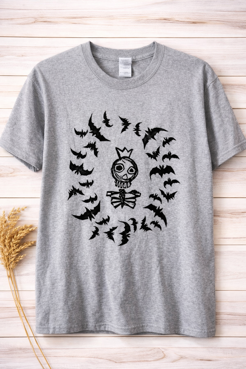 Hand Printed T-Shirt - Grey Skeleton King With Bats
