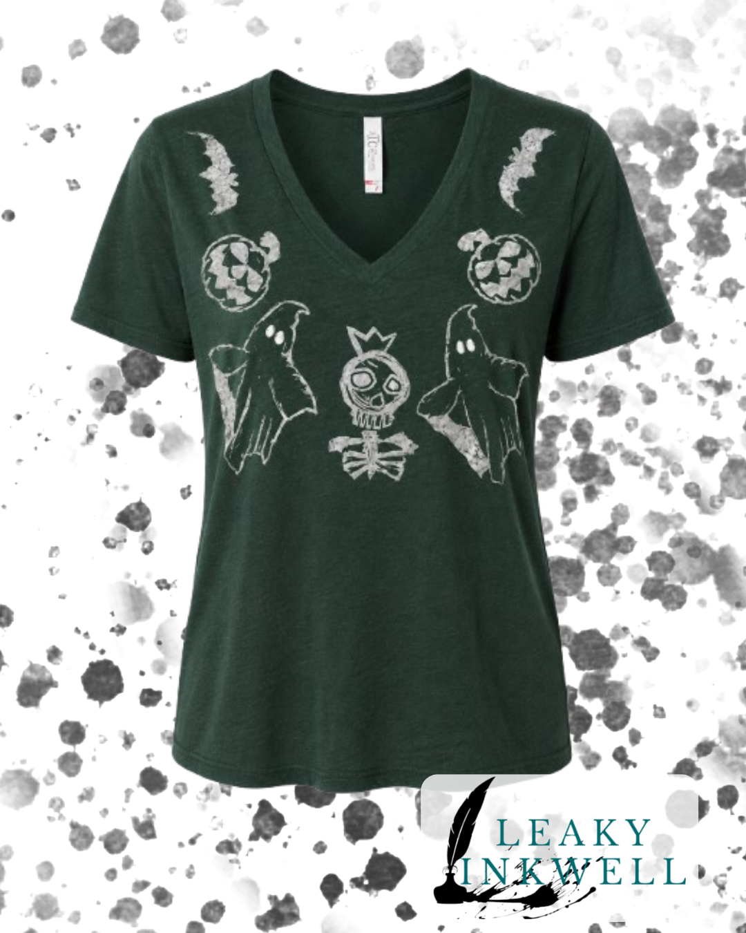 Hand Printed T-shirt -Green Skeleton with bats, pumpkin and ghosts, Ladies Small