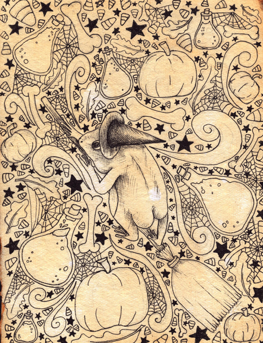 Witchy Frog on Broom - Art Print 8.5 x 11