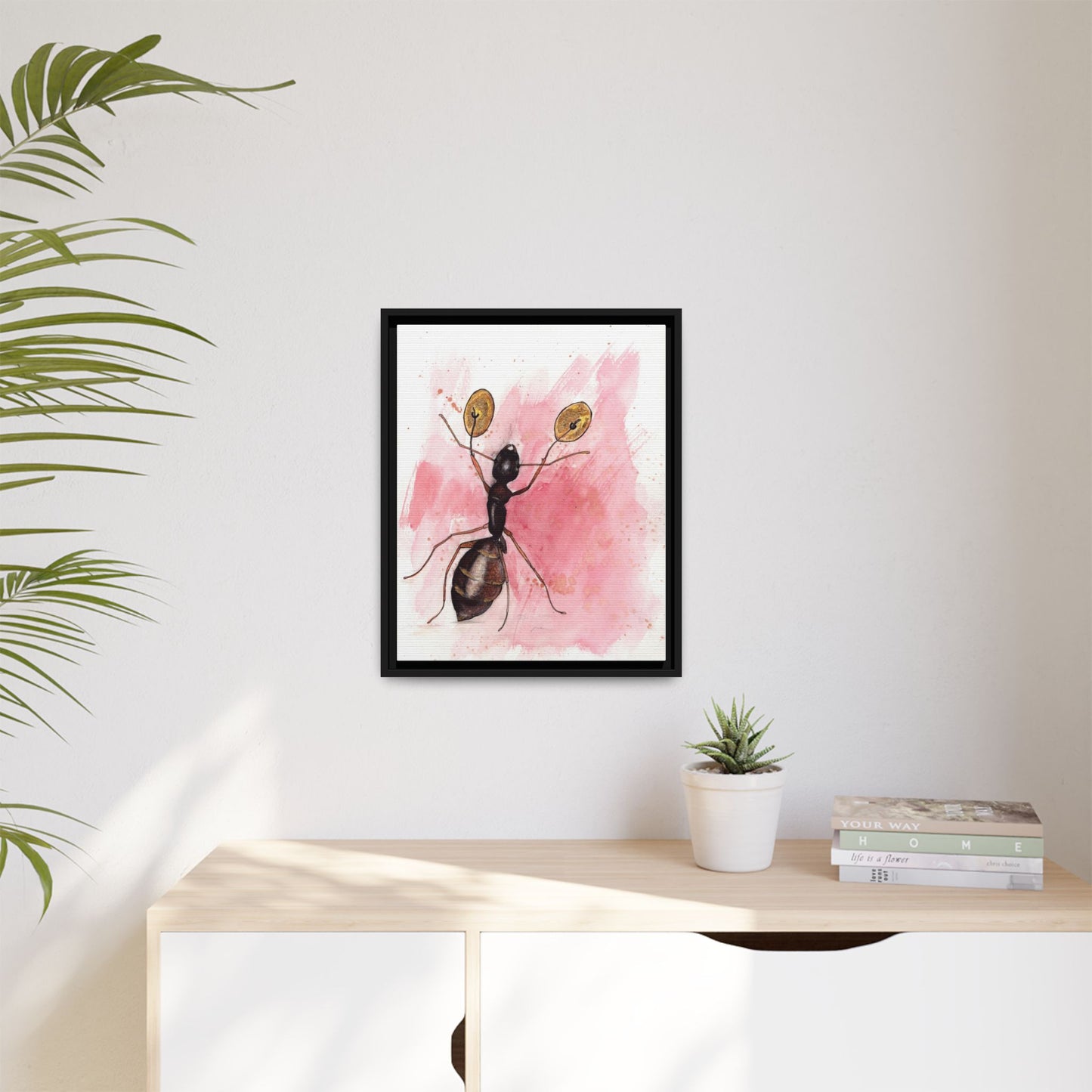 Ant With Symbols Print Matte Canvas, Black Frame