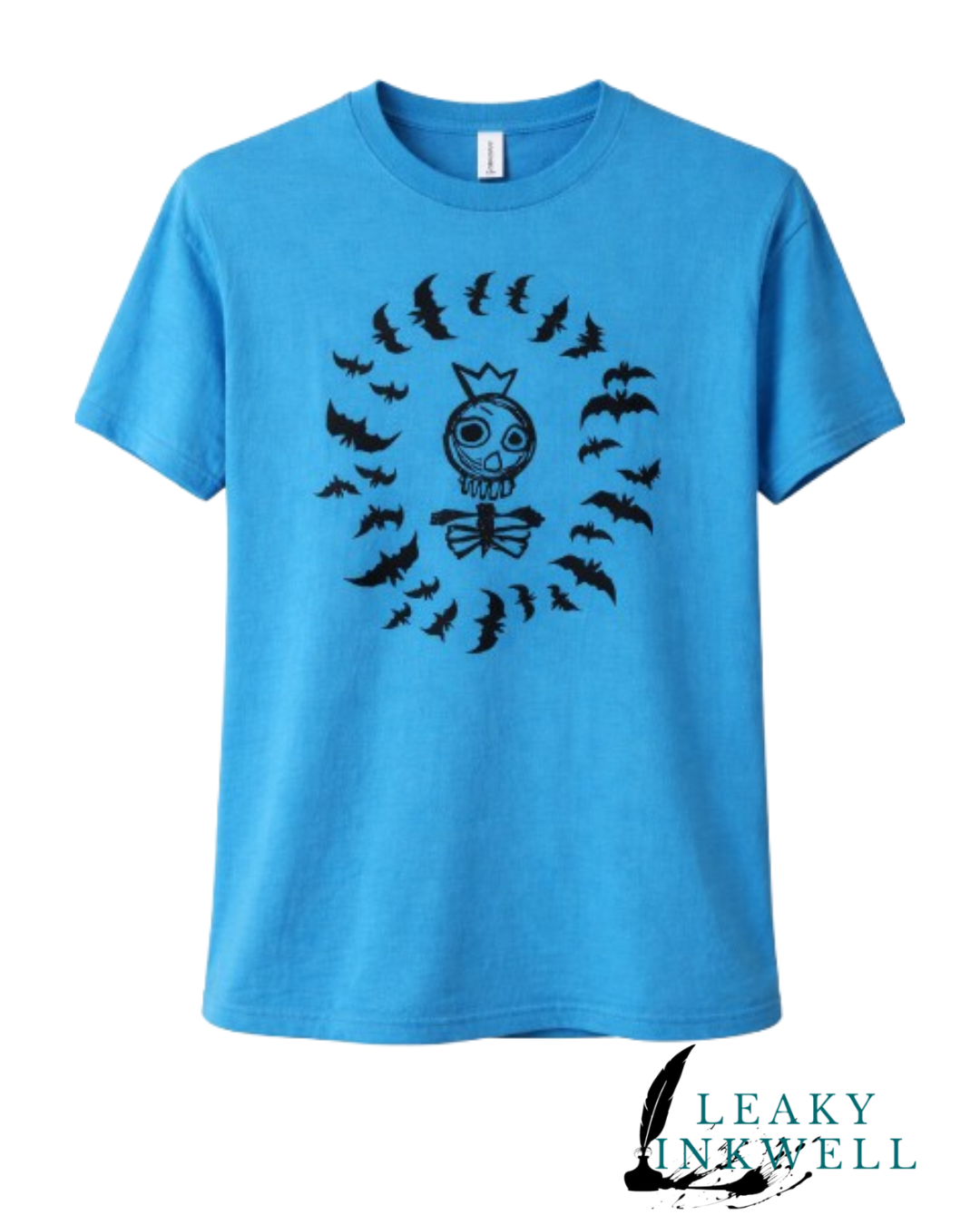 Hand Printed T-Shirt -Blue Skeleton King With Bats