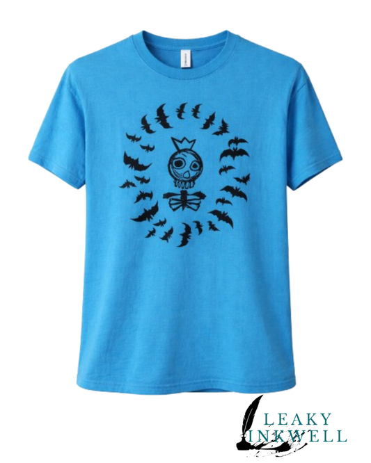 Hand Printed T-Shirt -Blue Skeleton King With Bats