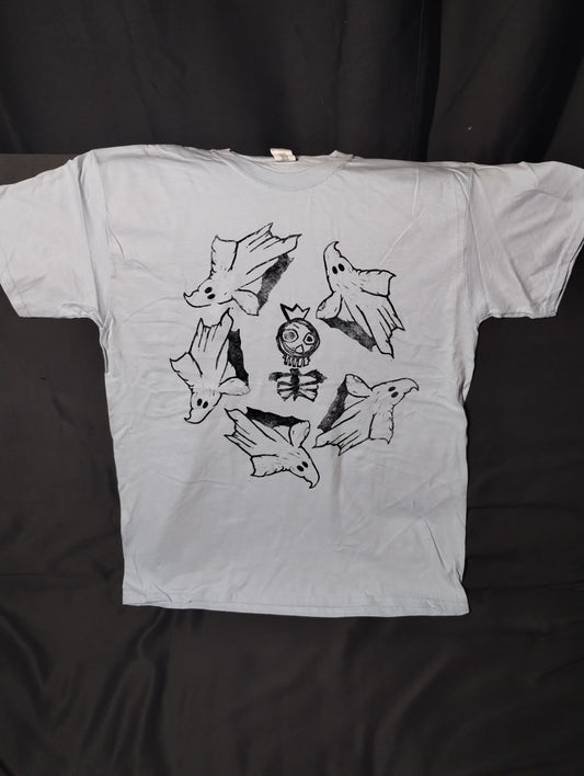 Hand Printed T-Shirt - Grey Skeleton king With ghosts