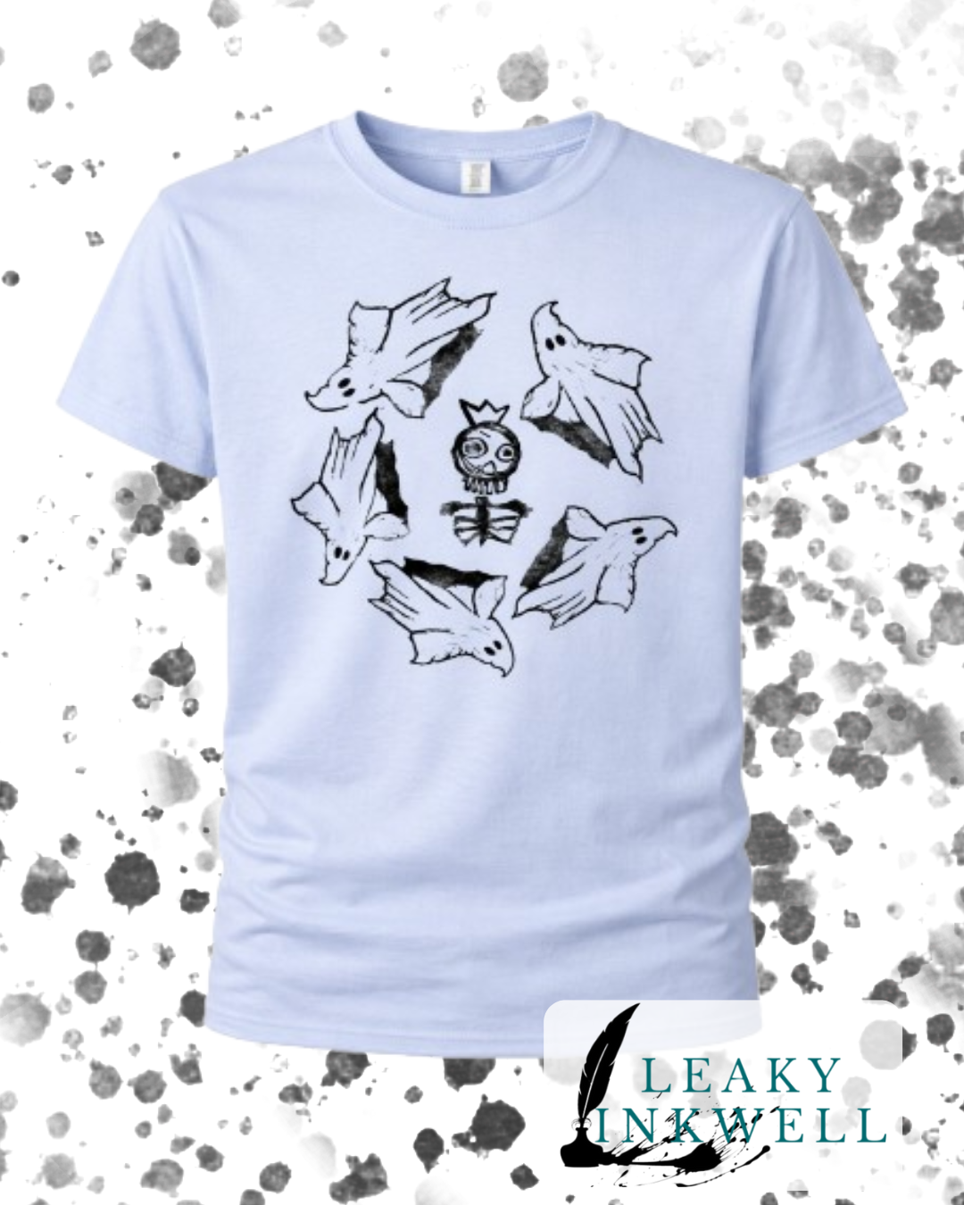 Hand Printed T-Shirt - Blue Skeleton king With ghosts