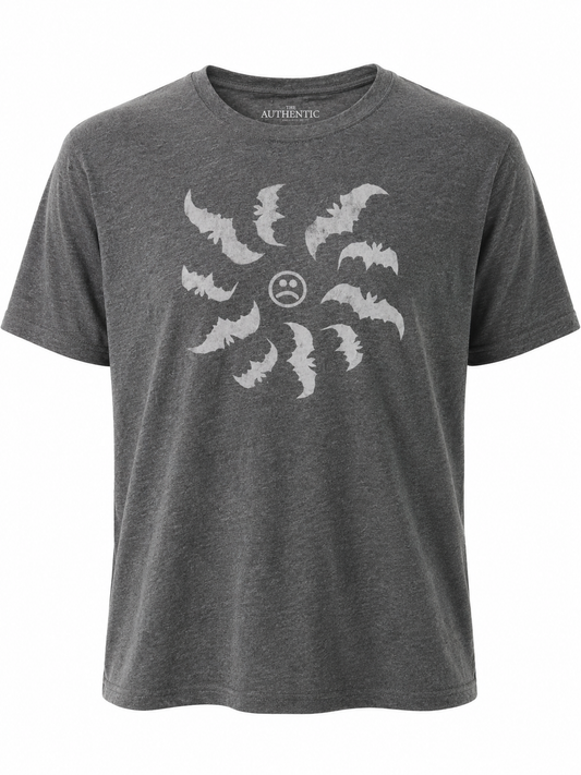 Hand Printed T-shirt- Charcoal Frowny Face With Bats