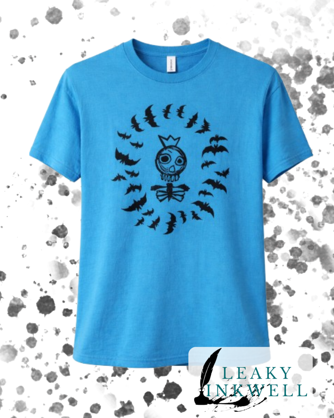 Hand Printed T-Shirt -Blue Skeleton King With Bats