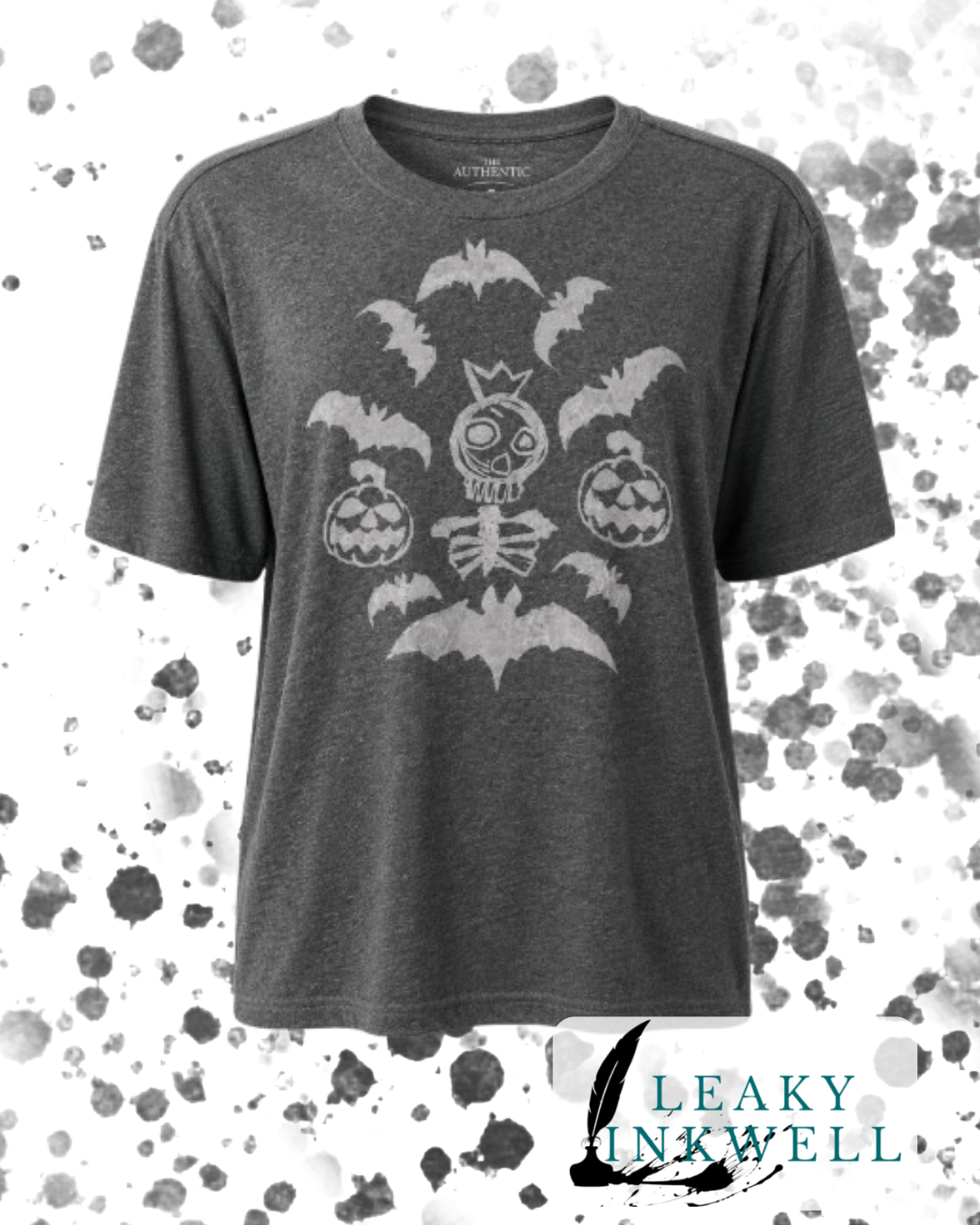 Hand Printed T-shirt - Grey Skeleton King with Bats and Pumpkins