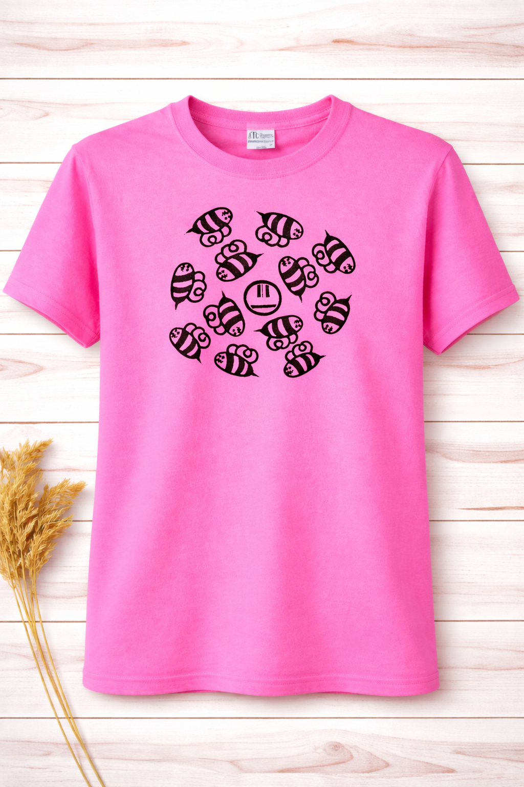 Hand Printed T-Shirt -Neon Pink Angry Beez