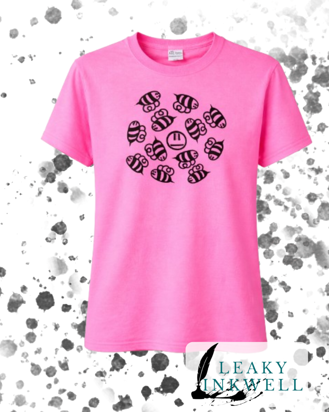 Hand Printed T-Shirt -Neon Pink Angry Beez