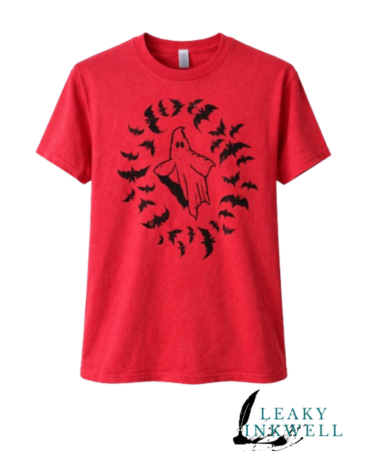 Hand Printed T-Shirt -Red Ghost with Bats
