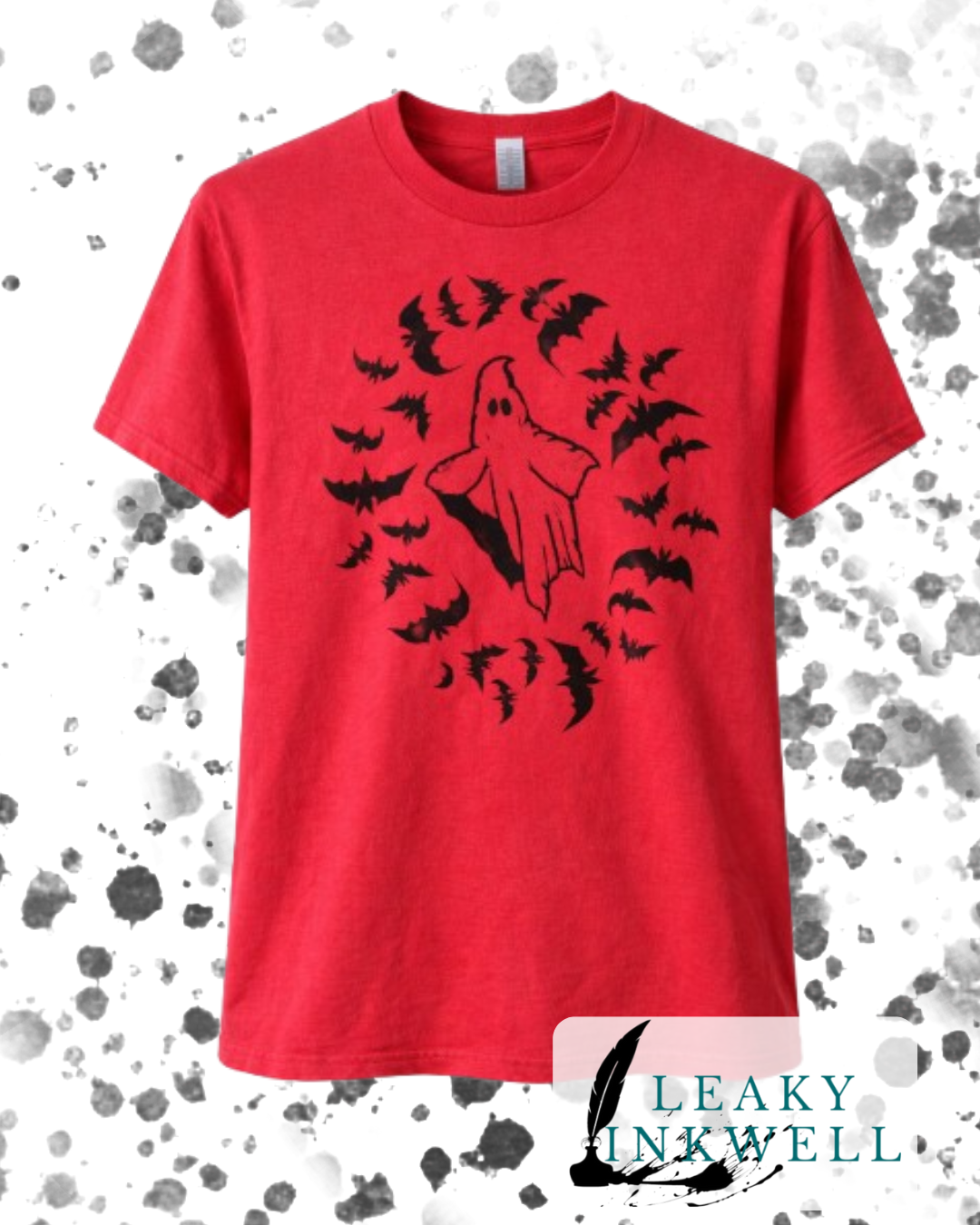 Hand Printed T-Shirt -Red Ghost with Bats