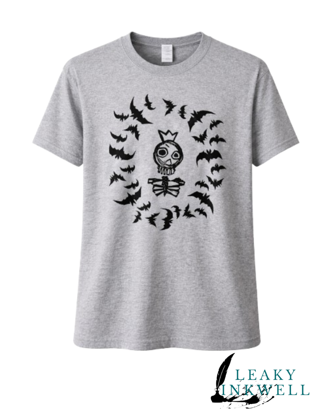Hand Printed T-Shirt - Grey Skeleton King With Bats