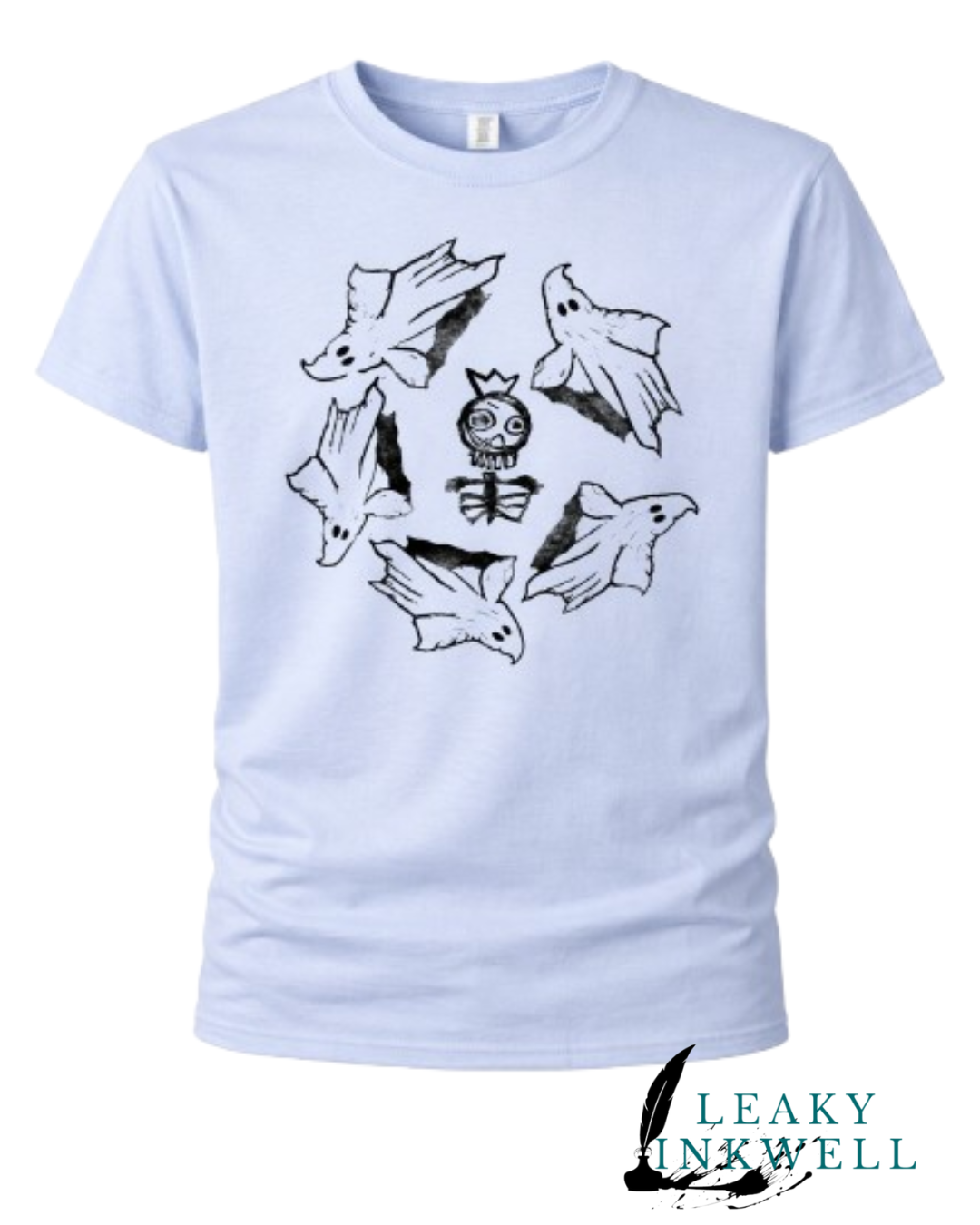 Hand Printed T-Shirt - Blue Skeleton king With ghosts