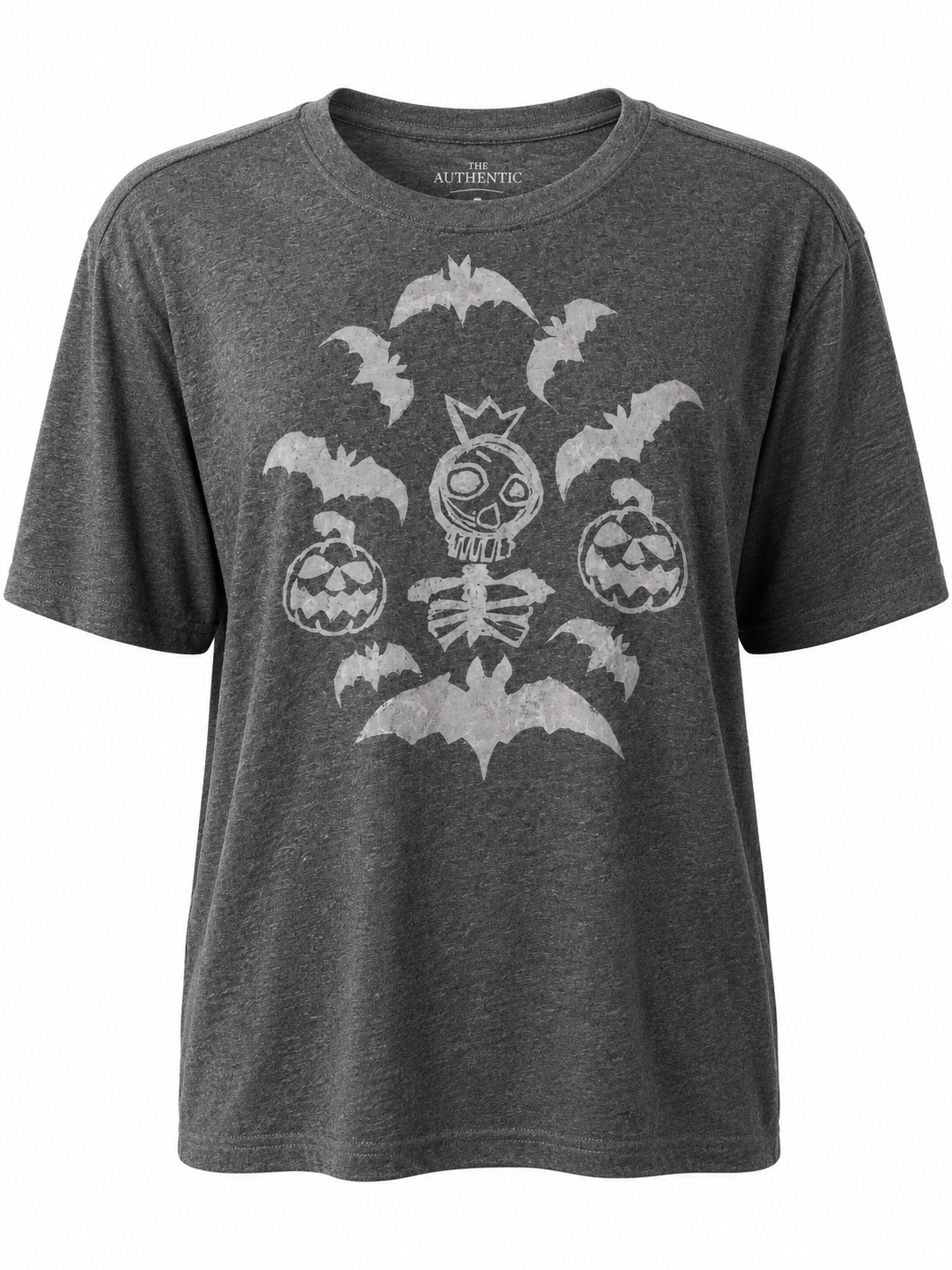 Hand Printed T-shirt - Grey Skeleton King with Bats and Pumpkins