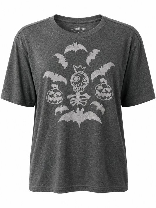 Hand Printed T-shirt - Grey Skeleton King with Bats and Pumpkins