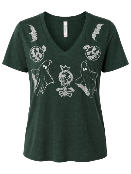 Hand Printed T-shirt -Green Skeleton with bats, pumpkin and ghosts, Ladies Small