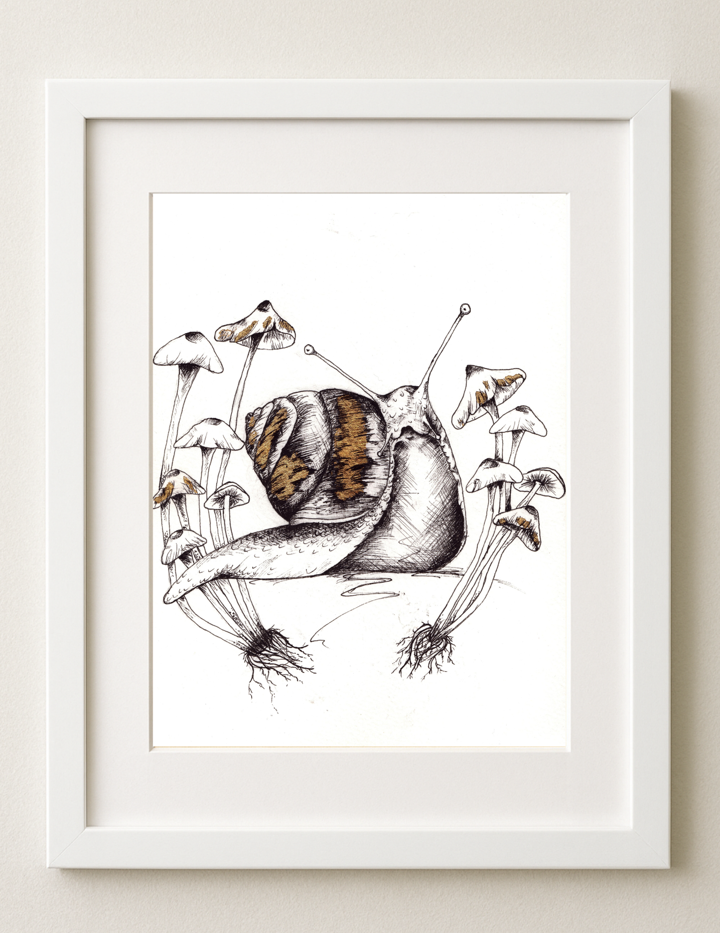 Snail and Mushrooms- Art Print